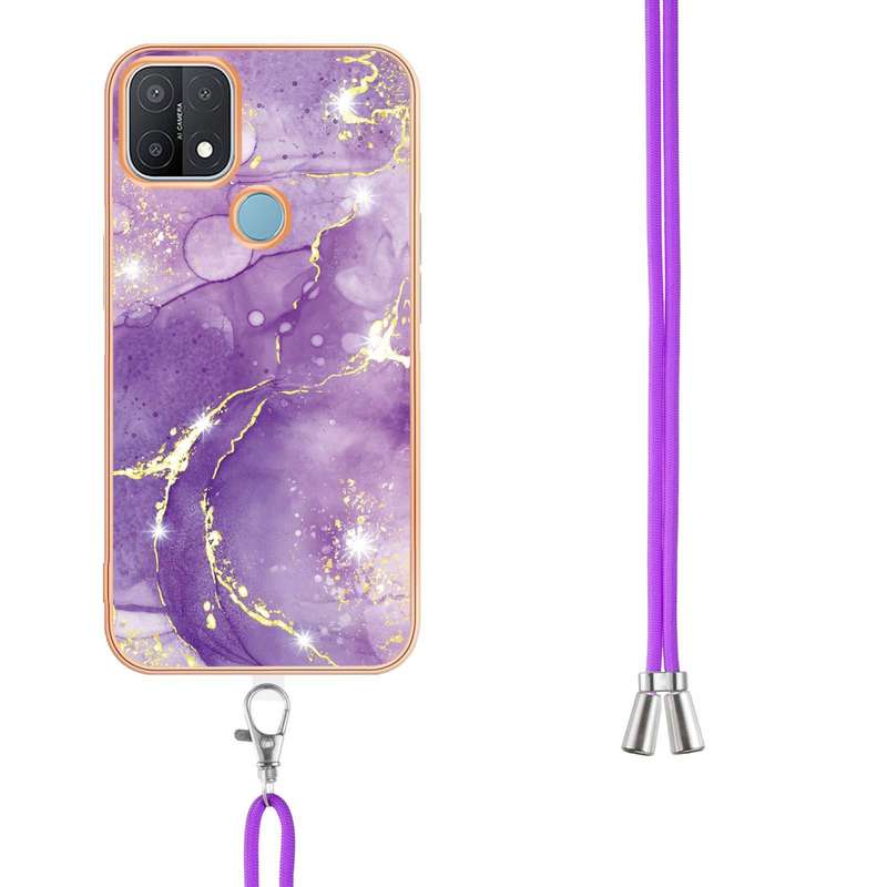 For OPPO A15 / A15s Electroplating Marble IMD TPU Phone Case with Lanyard(Purple 001)