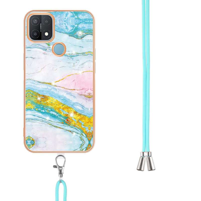 For OPPO A15 / A15s Electroplating Marble IMD TPU Phone Case with Lanyard(Purple 001)