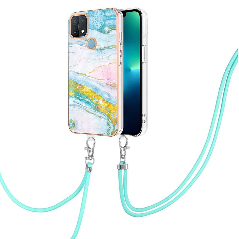 For OPPO A15 / A15s Electroplating Marble IMD TPU Phone Case with Lanyard(Purple 001)