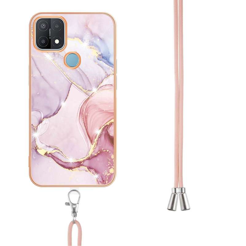 For OPPO A15 / A15s Electroplating Marble IMD TPU Phone Case with Lanyard(Purple 001)