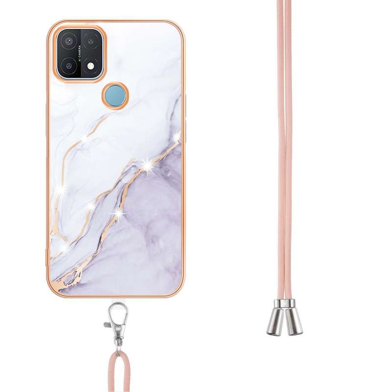 For OPPO A15 / A15s Electroplating Marble IMD TPU Phone Case with Lanyard(Purple 001)