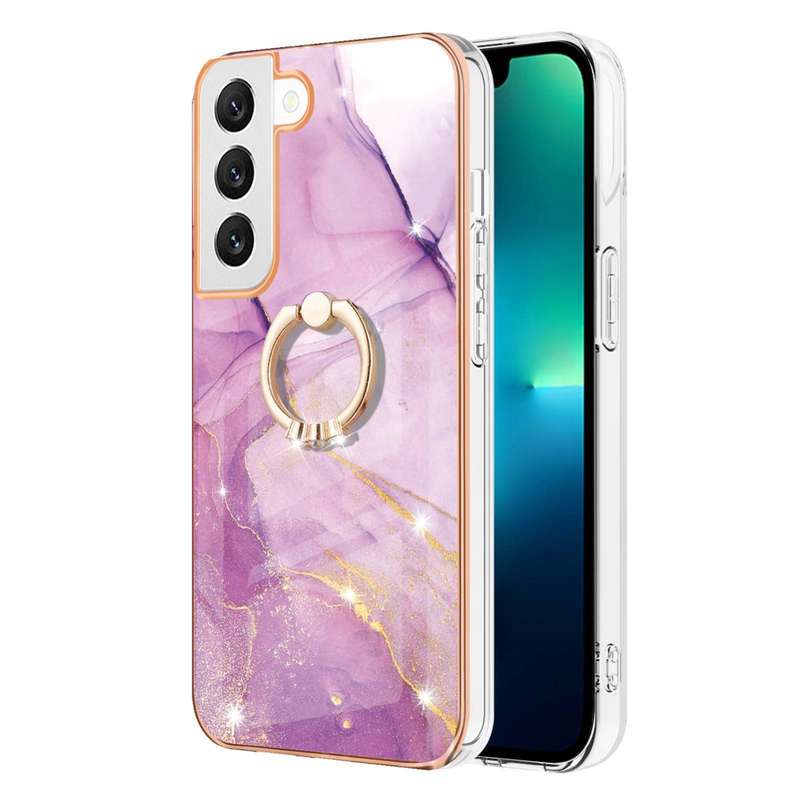 For Samsung Galaxy S22 Electroplating Marble IMD TPU Phone Case with Ring Holder(White 006)