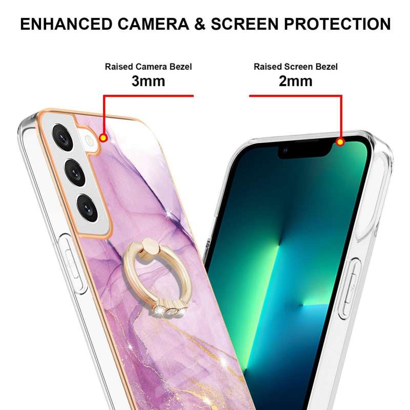 For Samsung Galaxy S22 Electroplating Marble IMD TPU Phone Case with Ring Holder(White 006)