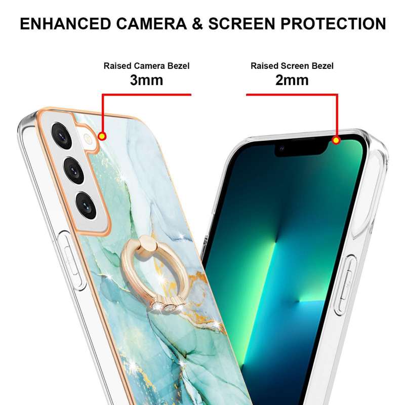 For Samsung Galaxy S22 Electroplating Marble IMD TPU Phone Case with Ring Holder(White 006)