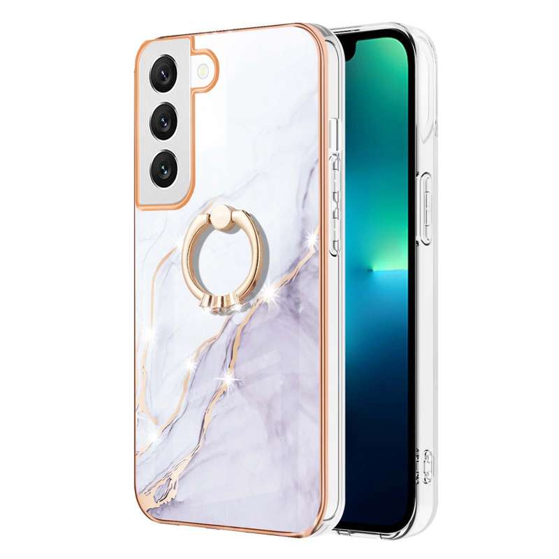 For Samsung Galaxy S22 Electroplating Marble IMD TPU Phone Case with Ring Holder(White 006)