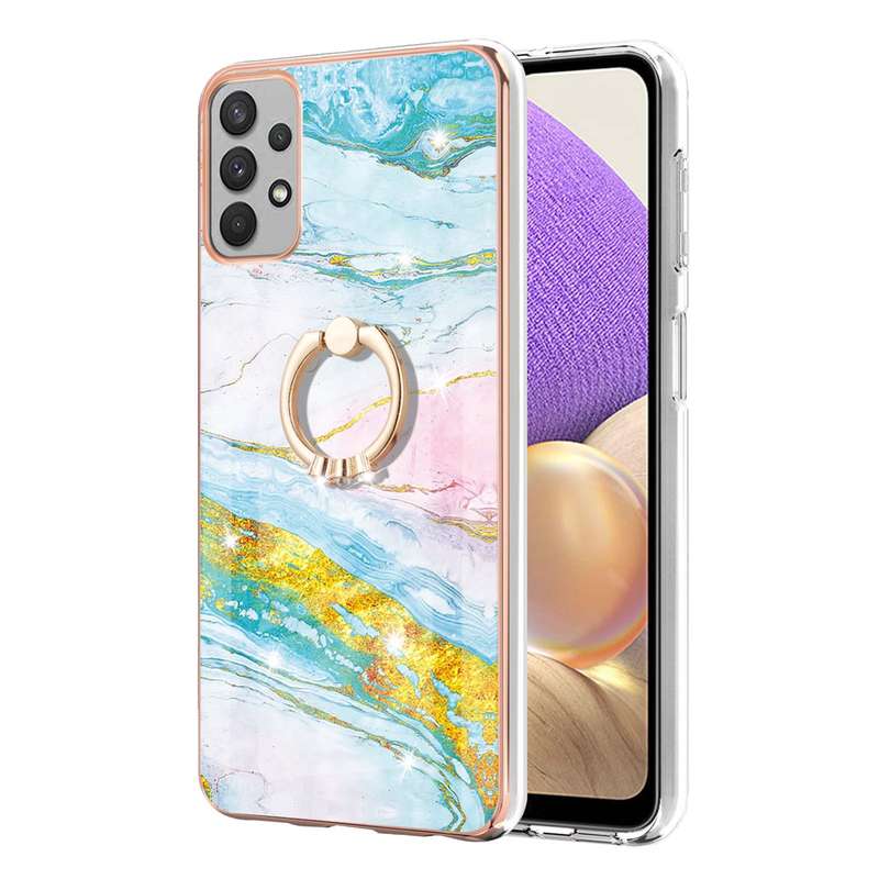 For Samsung Galaxy A33 5G Electroplating Marble IMD TPU Phone Case with Ring Holder(White 006)