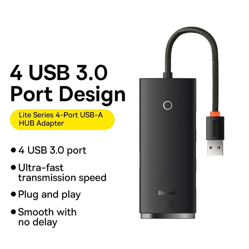 Baseus Lite Series USB-A to USB 3.0x4 HUB Adapter, Cable Length:25cm(Black)