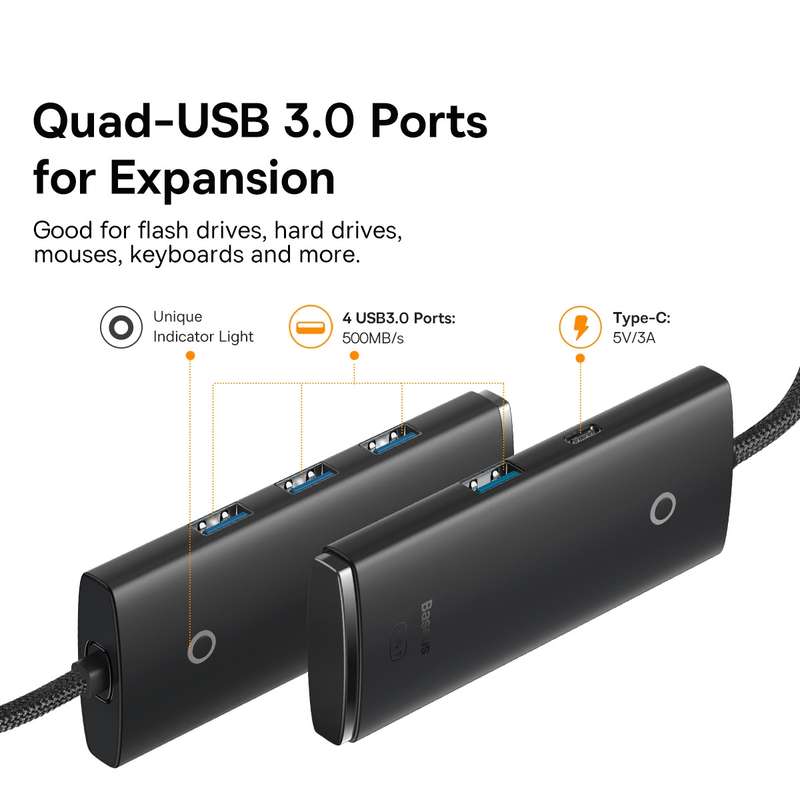 Baseus Lite Series USB-A to USB 3.0x4 HUB Adapter, Cable Length:25cm(Black)