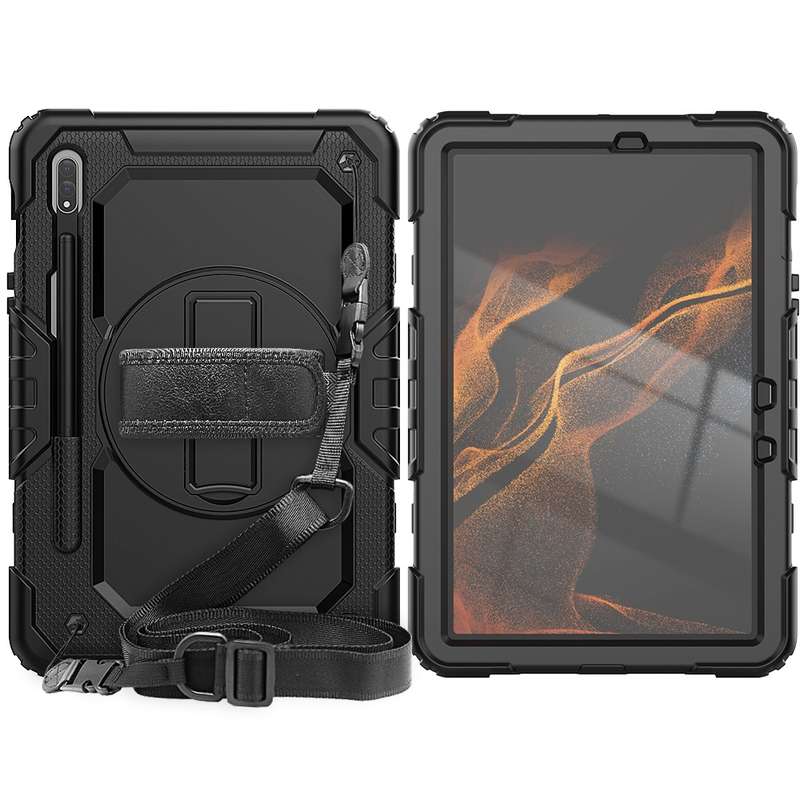 For Samsung Galaxy Tab S8 11 inch SM-X700 Silicone + PC Tablet Case with Shoulder Strap(Orange+Black