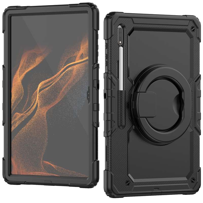 For Samsung Galaxy Tab S8 Ultra Shoulder Strap Silicone + PC Tablet Case(Black Rose Red)
