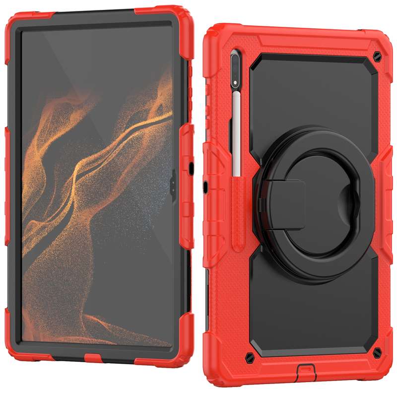 For Samsung Galaxy Tab S8 Ultra Shoulder Strap Silicone + PC Tablet Case(Black Rose Red)