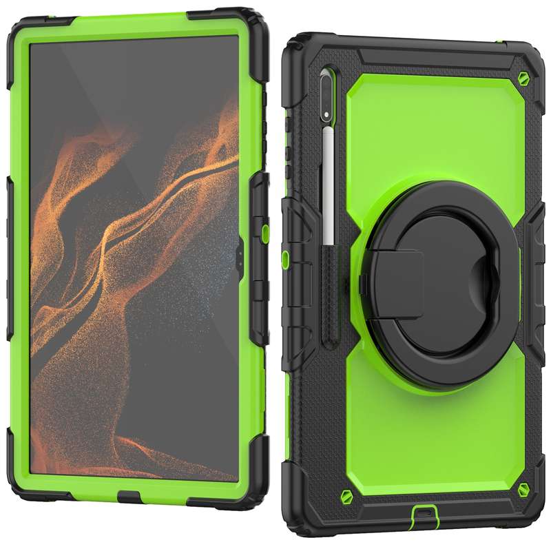 For Samsung Galaxy Tab S8 Ultra Shoulder Strap Silicone + PC Tablet Case(Black Rose Red)