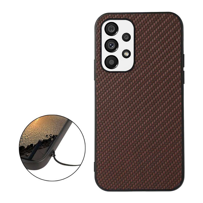 For Samsung Galaxy A73 5G Accurate Hole Carbon Fiber Texture PU Phone Case(Brown)