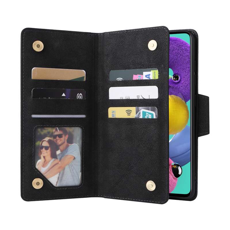 For Samsung Galaxy A51 Rivet Buckle 9 Cards Three Fold Leather Phone Case(Black)