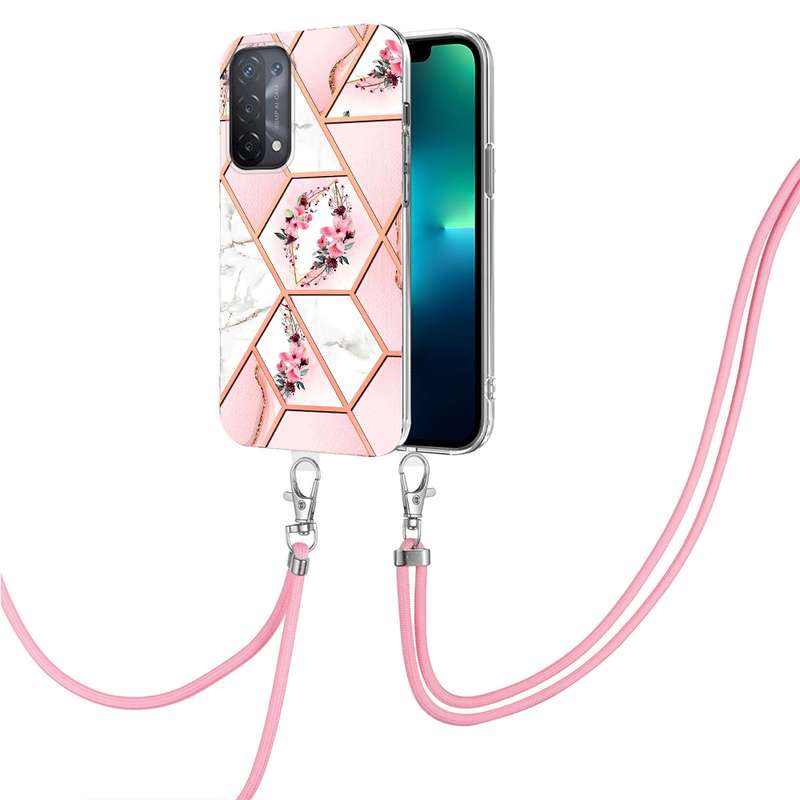 For OPPO A74 5G / A93 5G / A54 5G / A93s 5G Splicing Marble Flower Pattern TPU Phone Case with Lanya