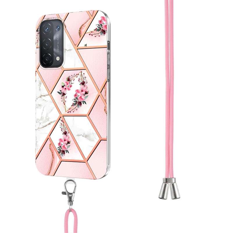 For OPPO A74 5G / A93 5G / A54 5G / A93s 5G Splicing Marble Flower Pattern TPU Phone Case with Lanya