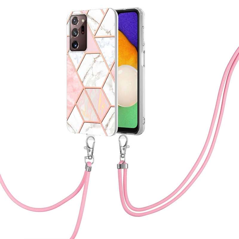 For Samsung Galaxy Note20 Ultra Electroplating Splicing Marble TPU Phone Case with Lanyard(Pink Whit
