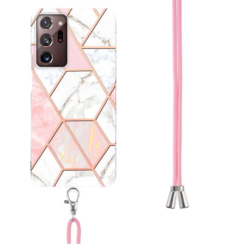 For Samsung Galaxy Note20 Ultra Electroplating Splicing Marble TPU Phone Case with Lanyard(Pink Whit