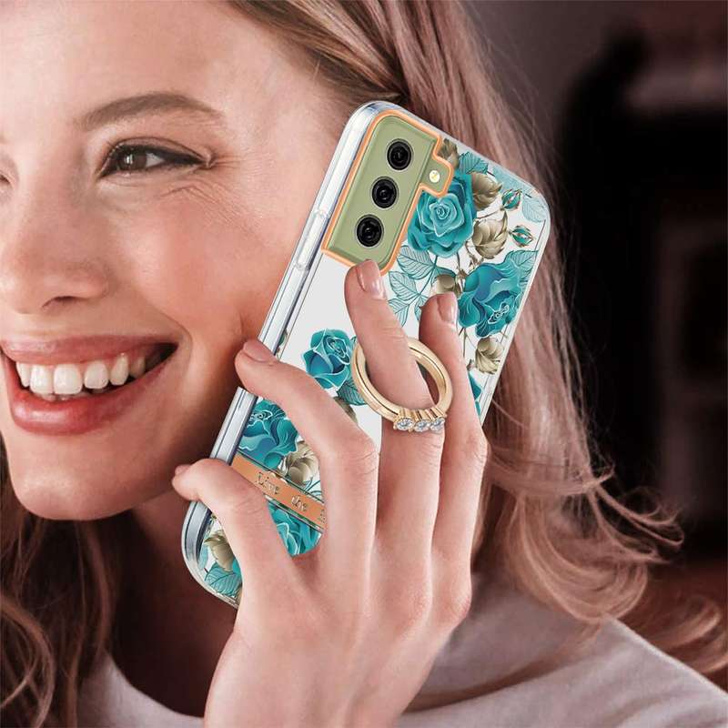 For Samsung Galaxy S21 FE 5G Ring IMD Flowers TPU Phone Case(Green Gardenia)