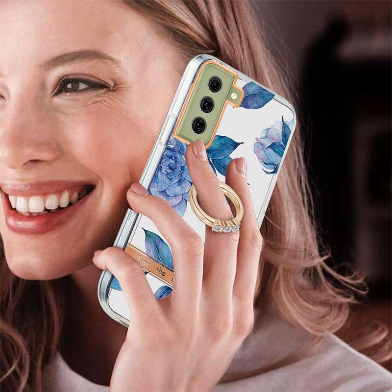 For Samsung Galaxy S21 FE 5G Ring IMD Flowers TPU Phone Case(Green Gardenia)