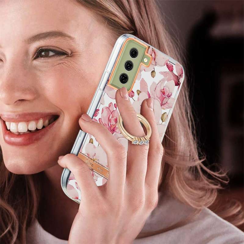 For Samsung Galaxy S21 FE 5G Ring IMD Flowers TPU Phone Case(Green Gardenia)