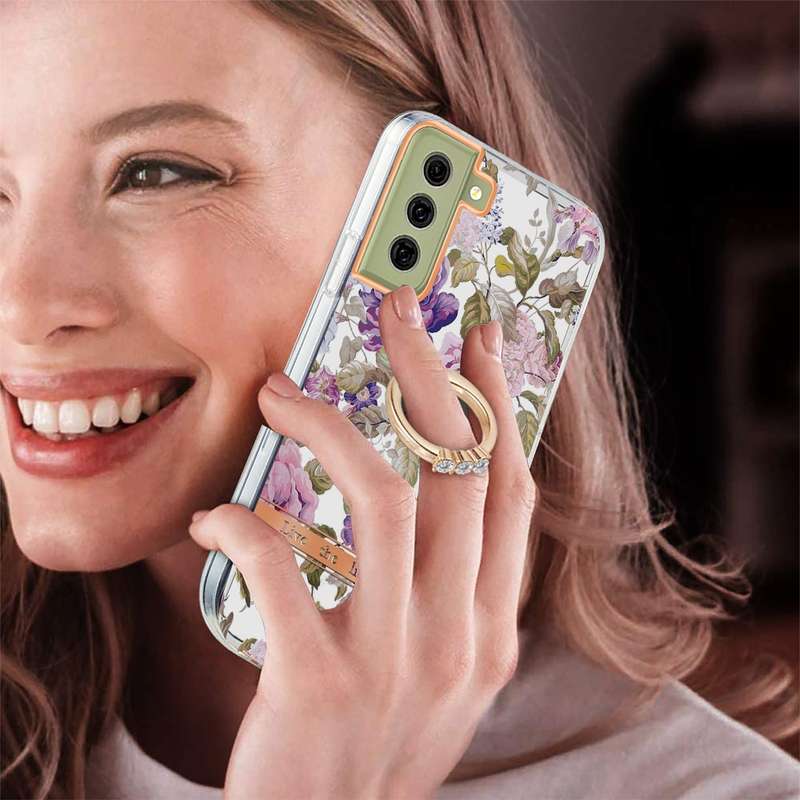For Samsung Galaxy S21 FE 5G Ring IMD Flowers TPU Phone Case(Green Gardenia)