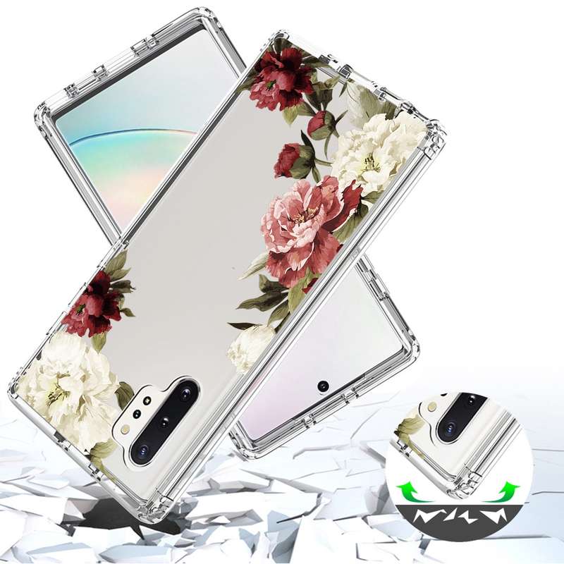 For Samsung Galaxy Note10+ PC+TPU Transparent Painted Phone Case(White Flower)