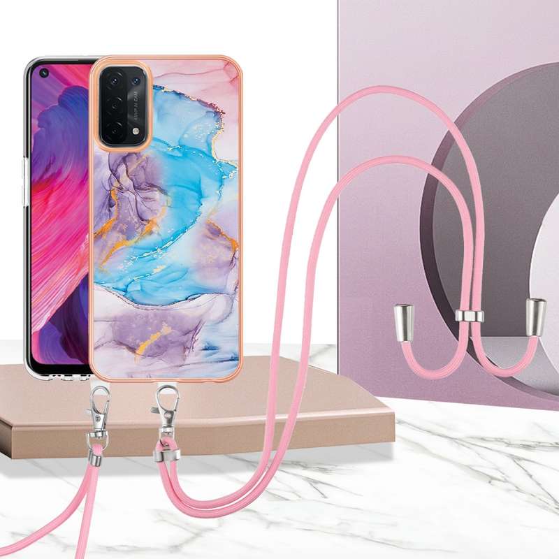 For OPPO A74 5G / A93 5G Electroplating IMD TPU Phone Case with Lanyard(White Marble)