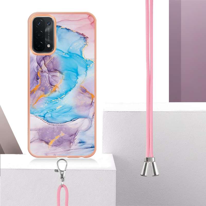 For OPPO A74 5G / A93 5G Electroplating IMD TPU Phone Case with Lanyard(White Marble)