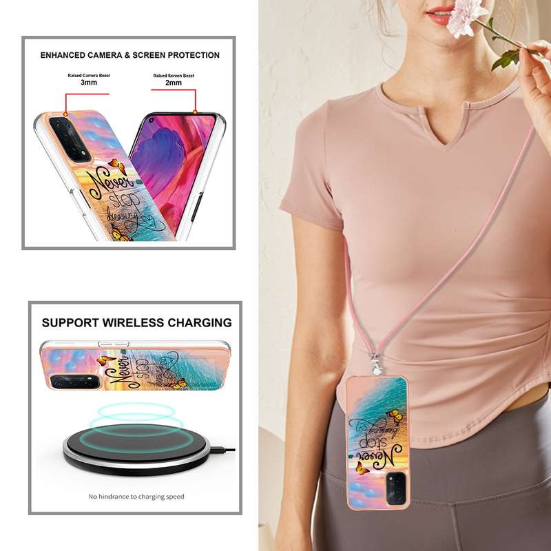 For OPPO A74 5G / A93 5G Electroplating IMD TPU Phone Case with Lanyard(White Marble)