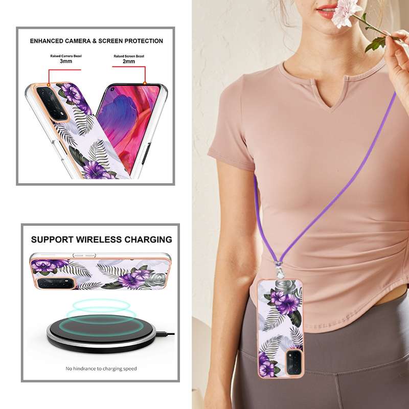 For OPPO A74 5G / A93 5G Electroplating IMD TPU Phone Case with Lanyard(White Marble)