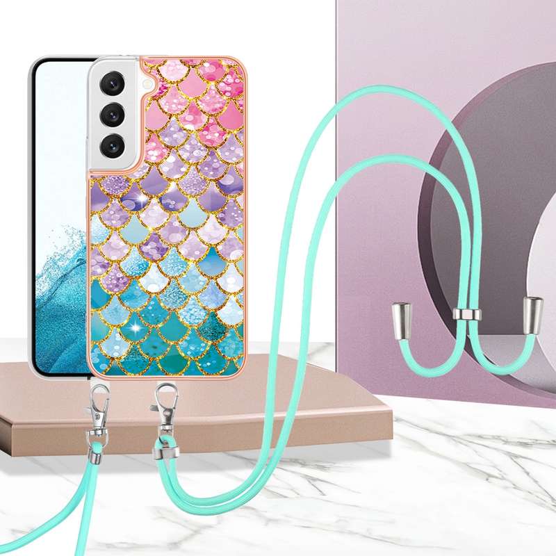 For Samsung Galaxy S22 5G Electroplating IMD TPU Phone Case with Lanyard(White Marble)