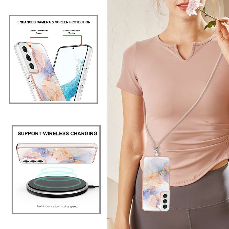 For Samsung Galaxy S22 5G Electroplating IMD TPU Phone Case with Lanyard(White Marble)