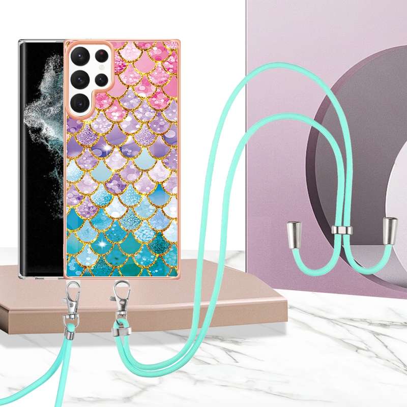 For Samsung Galaxy S22 Ultra 5G Electroplating IMD TPU Phone Case with Lanyard(Colorful Scales)
