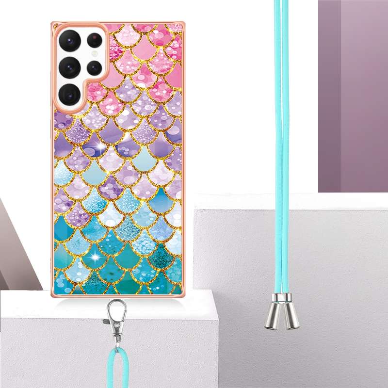 For Samsung Galaxy S22 Ultra 5G Electroplating IMD TPU Phone Case with Lanyard(Colorful Scales)