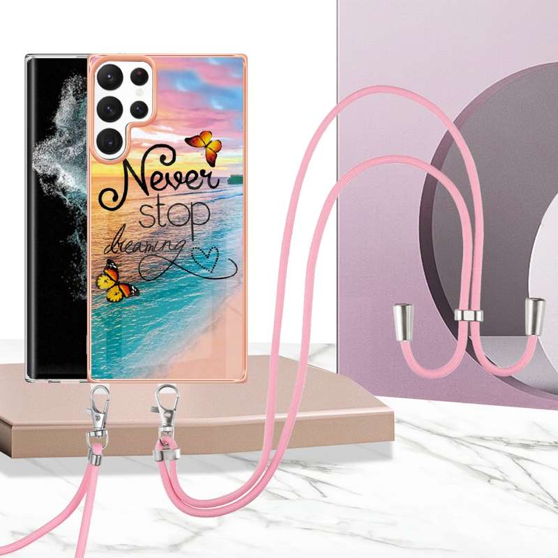 For Samsung Galaxy S22 Ultra 5G Electroplating IMD TPU Phone Case with Lanyard(Colorful Scales)