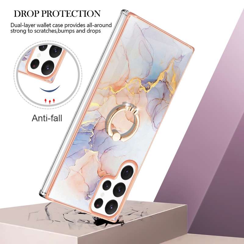 For Samsung Galaxy S22 Ultra 5G Electroplating IMD TPU Phone Case with Ring(White Marble)