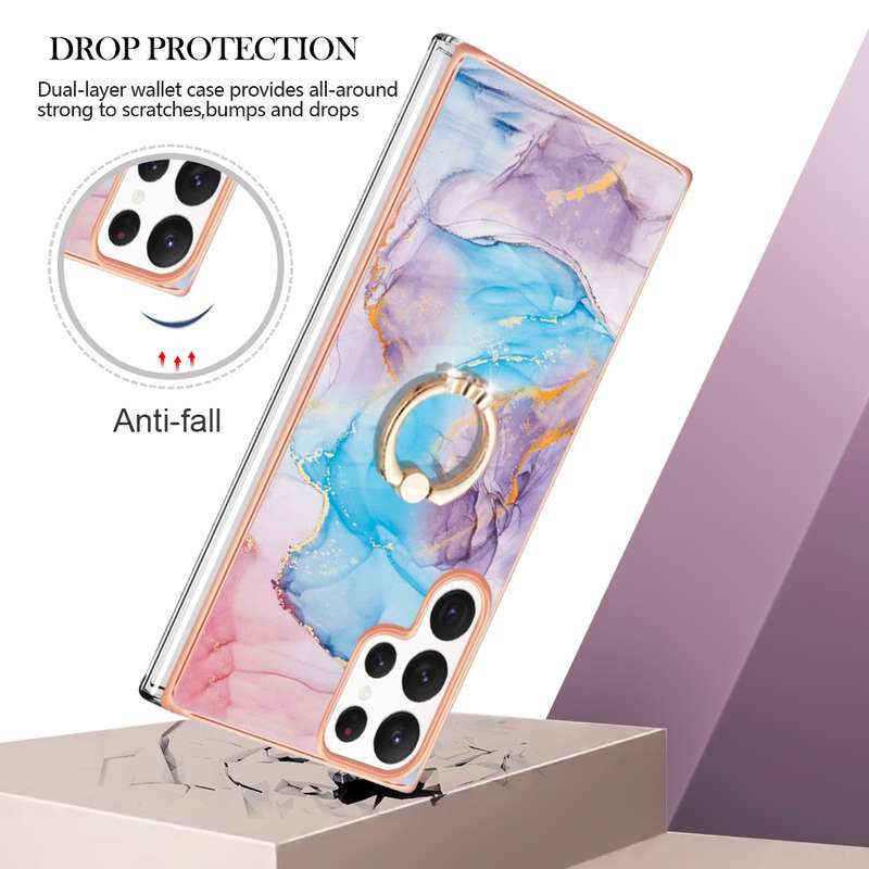 For Samsung Galaxy S22 Ultra 5G Electroplating IMD TPU Phone Case with Ring(White Marble)
