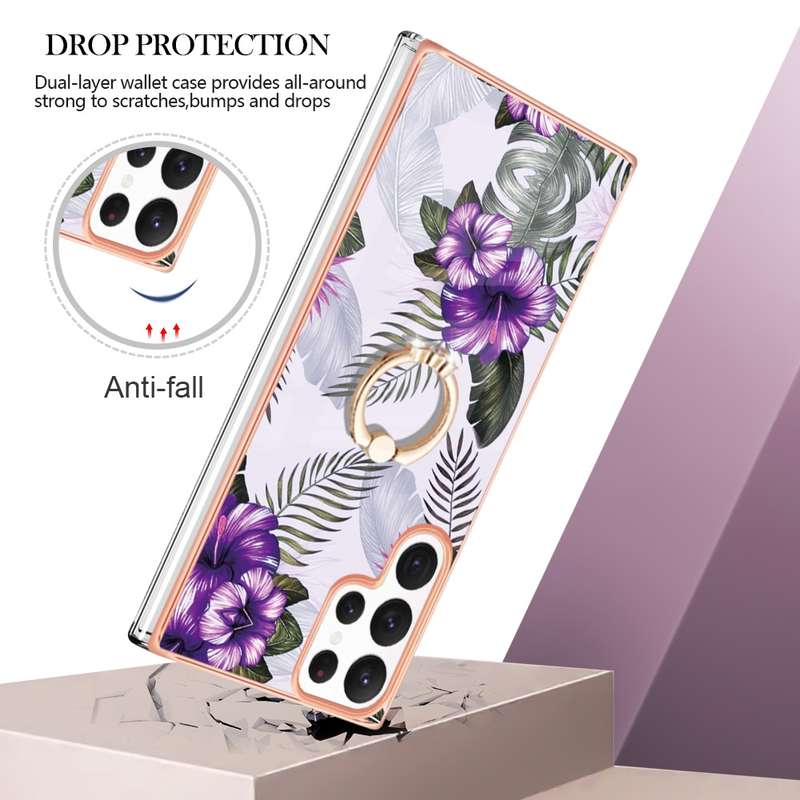 For Samsung Galaxy S22 Ultra 5G Electroplating IMD TPU Phone Case with Ring(White Marble)