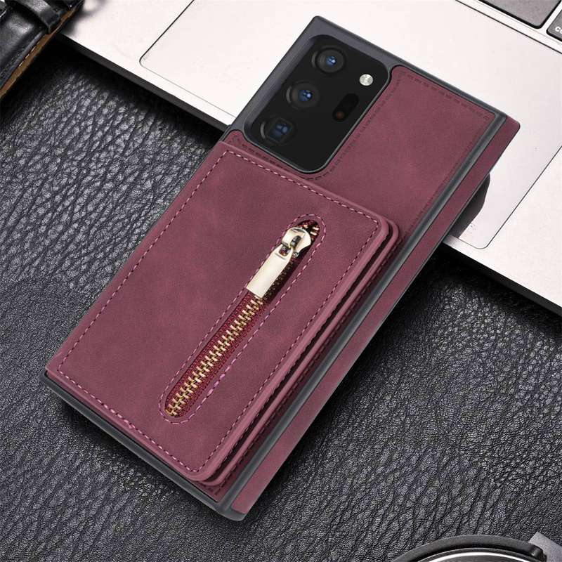 For Samsung Galaxy Note20 Zipper Card Holder Phone Case(Wine Red)