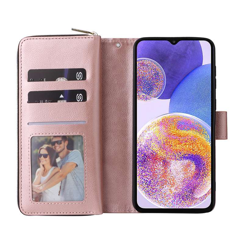 For Samsung Galaxy A23 9 Card Slots Zipper Wallet Bag Leather Phone Case(Brown)