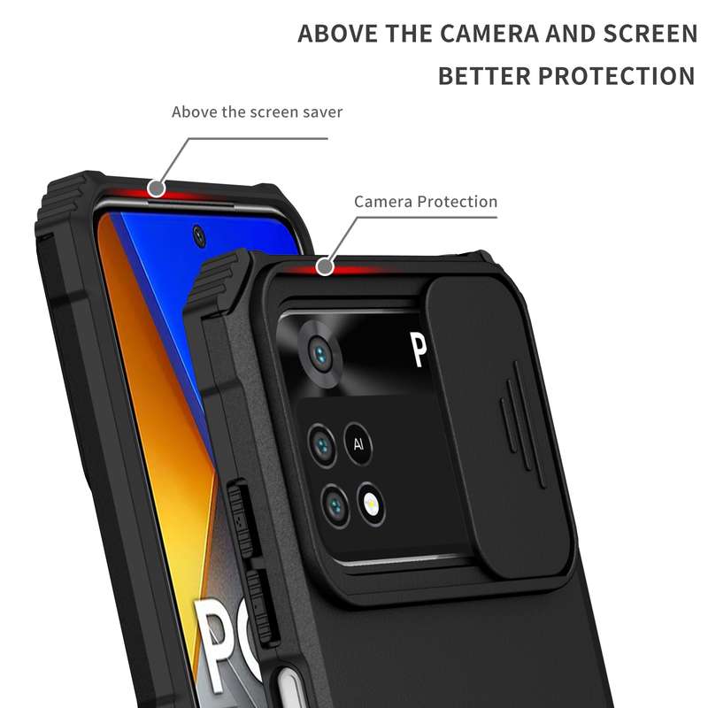 For Xiaomi Poco M4 Pro 4G Stereoscopic Holder Sliding Camshield Phone Case(Black)