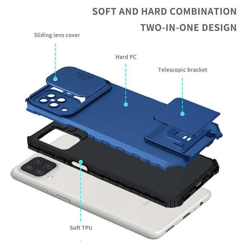 For Samsung Galaxy A12 5G Stereoscopic Holder Sliding Camshield Phone Case(Dark Green)