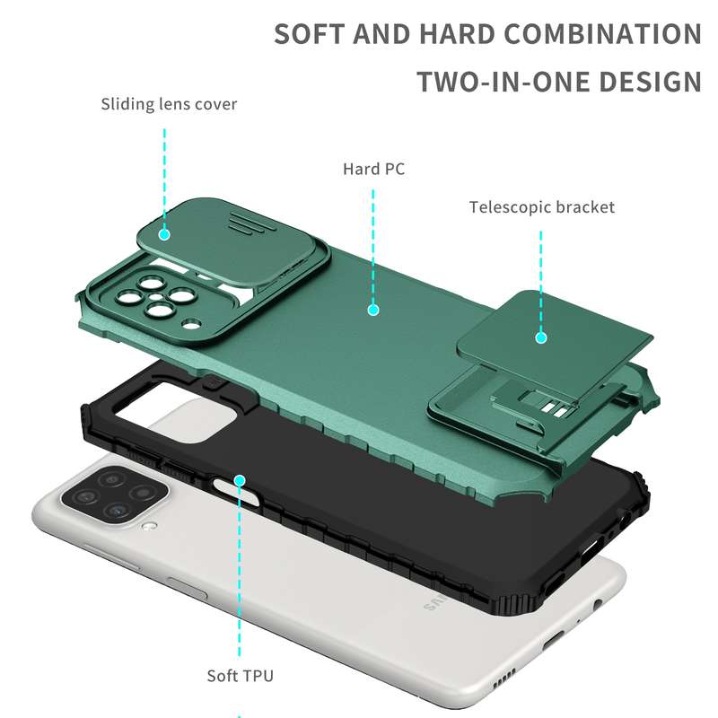 For Samsung Galaxy A12 5G Stereoscopic Holder Sliding Camshield Phone Case(Dark Green)