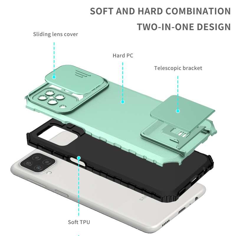 For Samsung Galaxy A12 5G Stereoscopic Holder Sliding Camshield Phone Case(Dark Green)