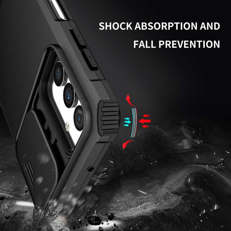 For Samsung Galaxy A13 Stereoscopic Holder Sliding Camshield Phone Case(Black)
