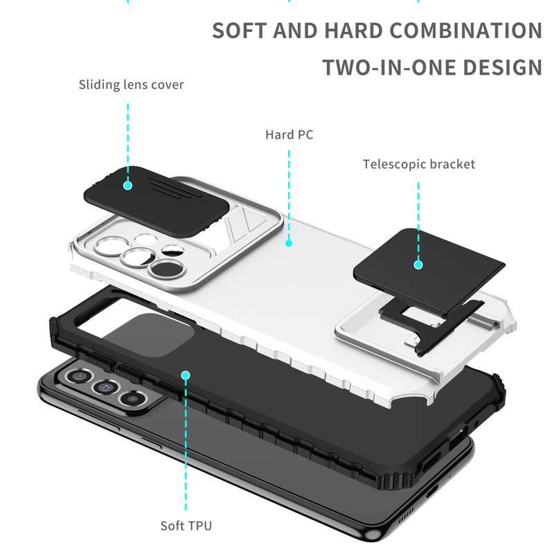 For Samsung Galaxy A33 5G Stereoscopic Holder Sliding Camshield Phone Case(Light Blue)