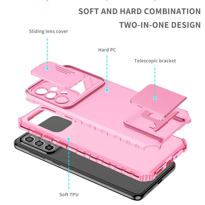 For Samsung Galaxy A33 5G Stereoscopic Holder Sliding Camshield Phone Case(Light Blue)