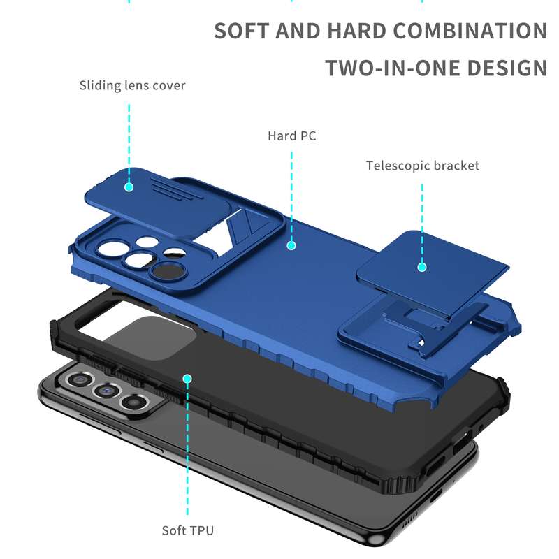 For Samsung Galaxy A33 5G Stereoscopic Holder Sliding Camshield Phone Case(Light Blue)