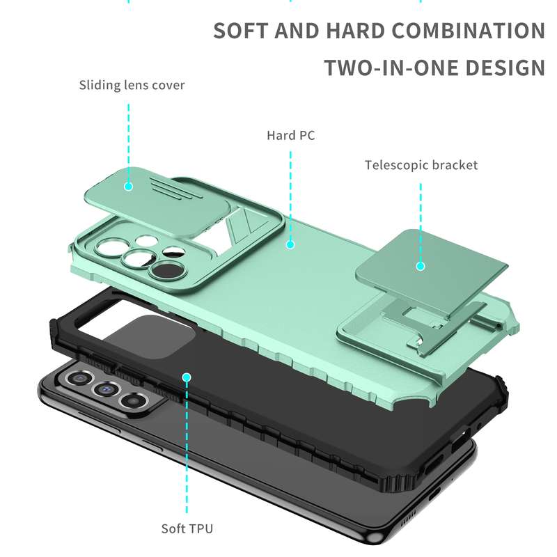For Samsung Galaxy A33 5G Stereoscopic Holder Sliding Camshield Phone Case(Light Blue)
